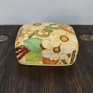 Vtg 70s Fetco Trinket Box‎ Beige Floral Lacquered Paper Mache Cottagecore